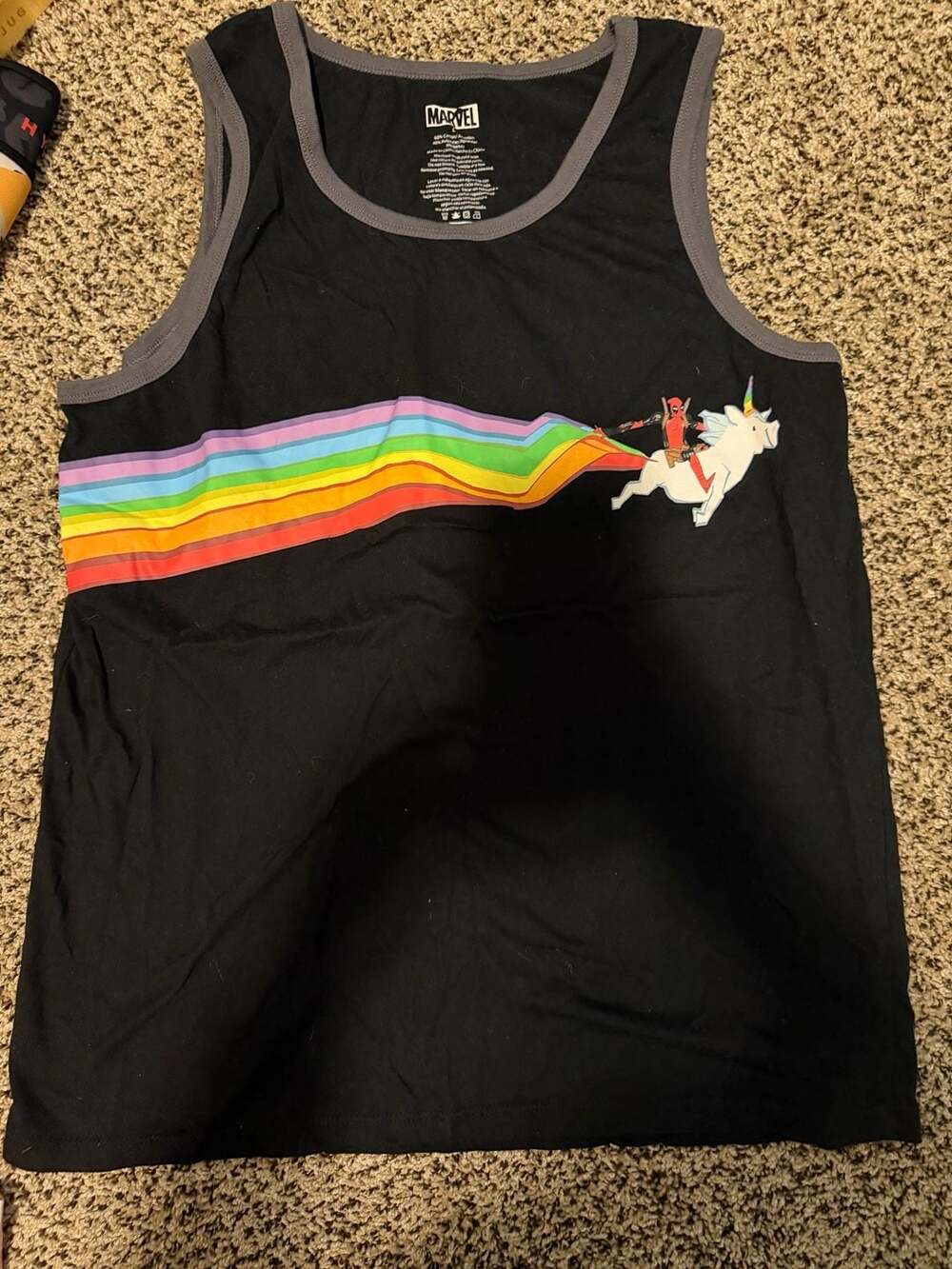 Marvel Deadpool Riding Unicorn Rainbow Graphic Men's Black Tank Top